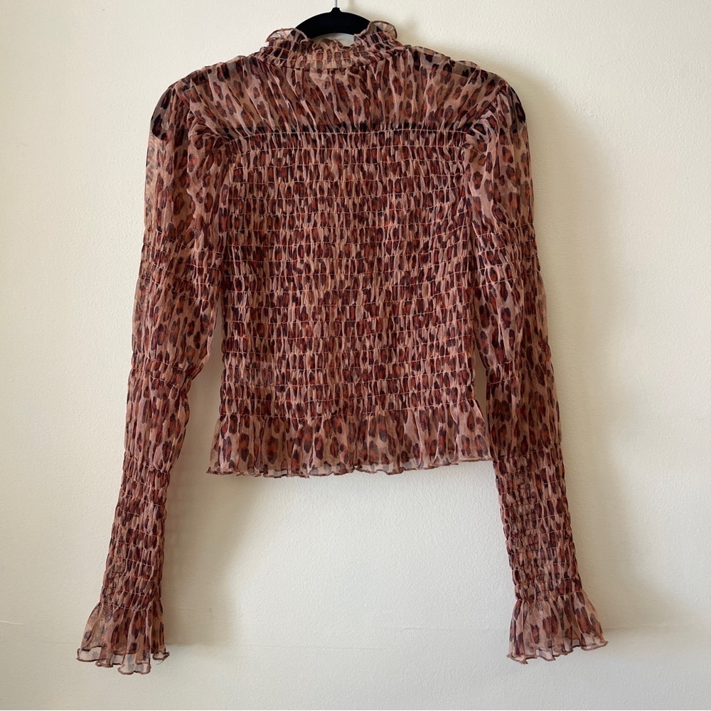 FREE PEOPLE Smocked HELLO THERE Mesh Top Leopard Cheetah Mock Neck Size Small - Picture 12 of 14